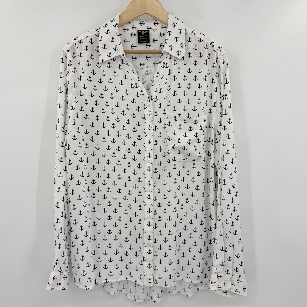 George Womens XXL Anchor Print Button Down Shirt White Navy Blue Nautical Rayon
